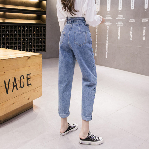 Blugi de dama cu talie inalta si model drept cu centura