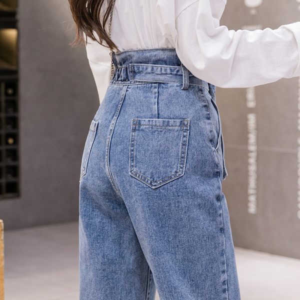 Blugi de dama cu talie inalta si model drept cu centura