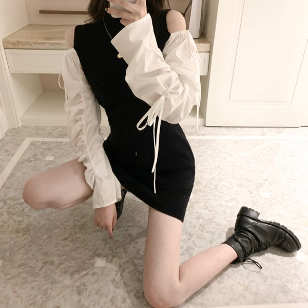 Sieviešu īsā kleita ar atkailinātiem pleciem un saitēm