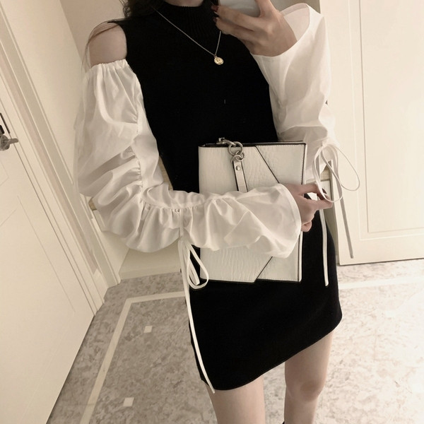 Sieviešu īsā kleita ar atkailinātiem pleciem un saitēm