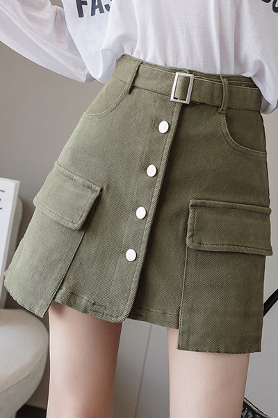 Fusta scurta moderna de dama cu talie inalta si buzunare