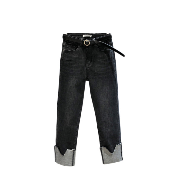 Mūsdienīgi sieviešu džinsi ar jostu un augstu vidukli - taisns modelis