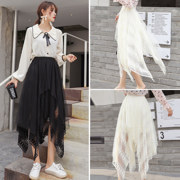 Uus mudel asümmeetriline naiste seelik pits-kõrge vöökohaga