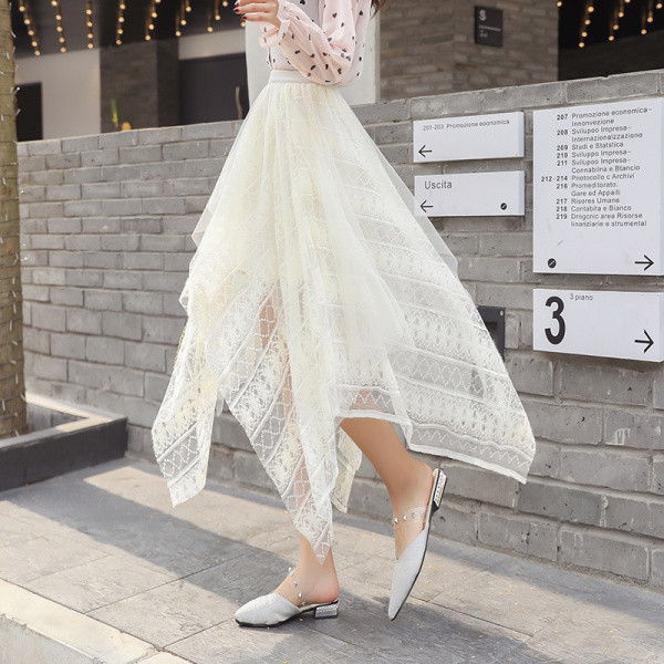 Uus mudel asümmeetriline naiste seelik pits-kõrge vöökohaga