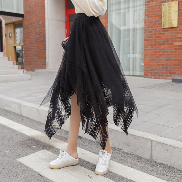 Uus mudel asümmeetriline naiste seelik pits-kõrge vöökohaga