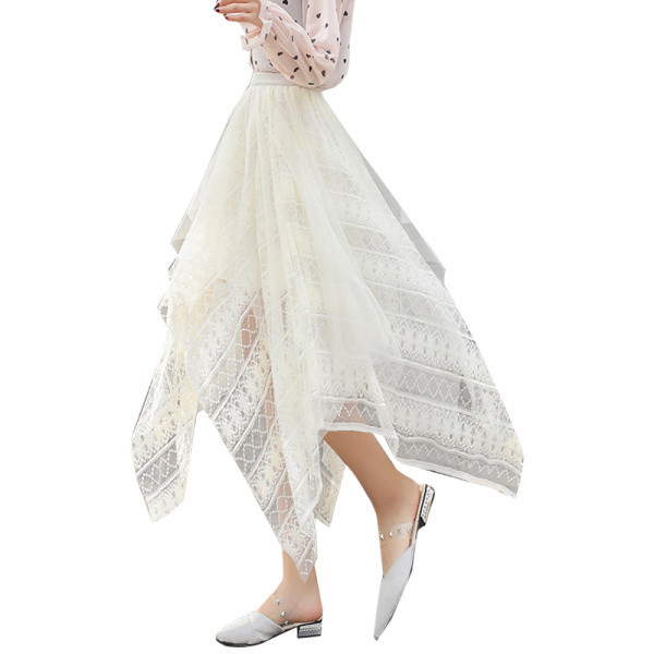 Uus mudel asümmeetriline naiste seelik pits-kõrge vöökohaga