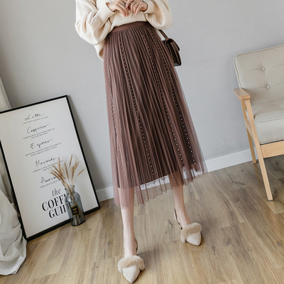 Moodne naiste seelik tülli ja pärlitega – kõrge vöökoht