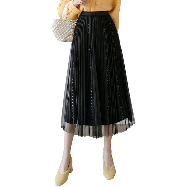 Moodne naiste seelik tülli ja pärlitega – kõrge vöökoht