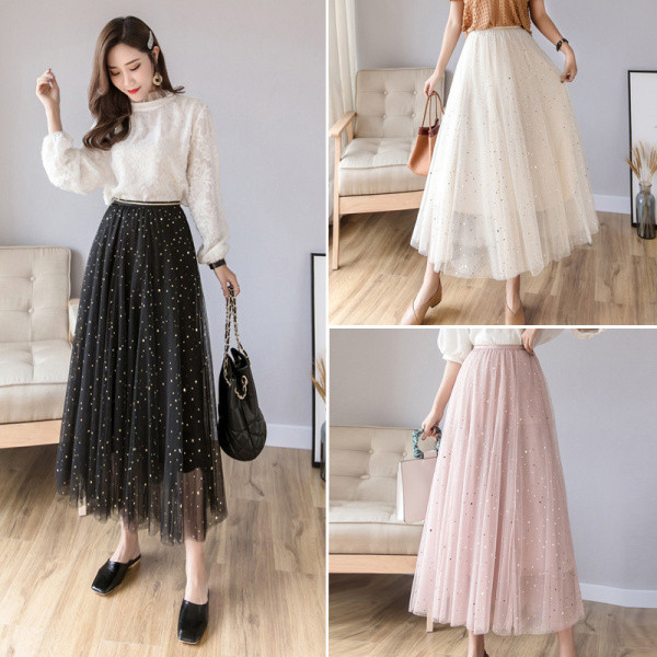 Modern női szoknya magas derékkal, tüllel és fényes hatású - szabású modellel