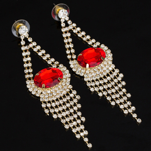 Κομψά γυναικεία κρεμαστά σκουλαρίκια με κόκκινες πέτρες