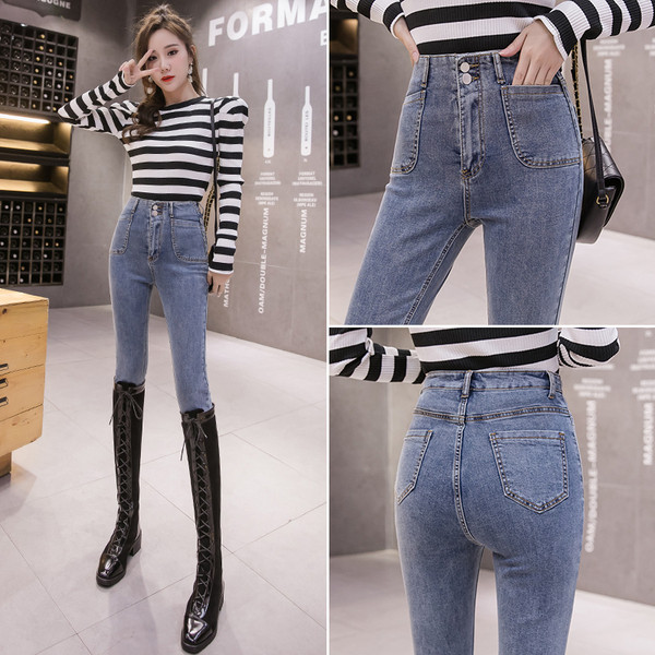 Női farmer Vékony modell gombokkal és zsebekkel