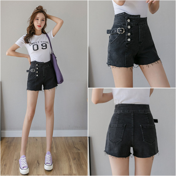 Modernūs moteriški šortai aukštu juosmeniu ir sagomis