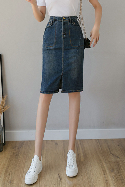 Kõrge vöökohaga naiste seelik lõhiku ja taskutega