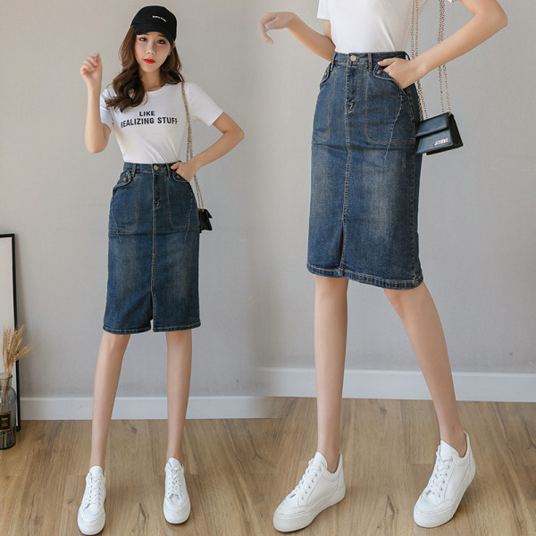 Kõrge vöökohaga naiste seelik lõhiku ja taskutega