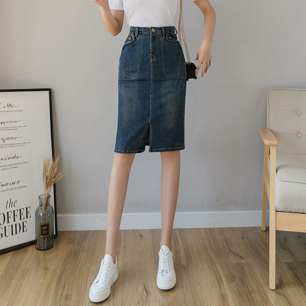 Kõrge vöökohaga naiste seelik lõhiku ja taskutega