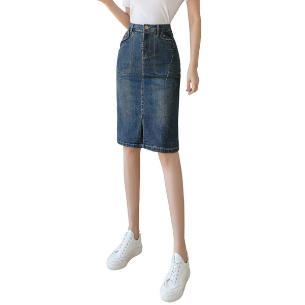 Kõrge vöökohaga naiste seelik lõhiku ja taskutega