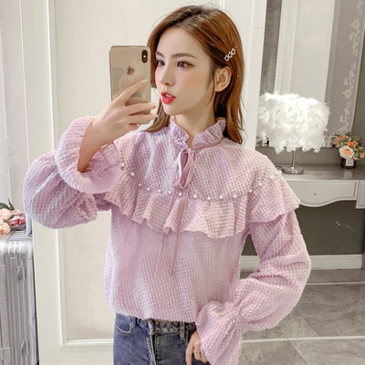 Cămașă elegantă de damă cu perle și guler jos