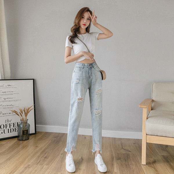 Ikdienas sieviešu garie džinsi ar saplēstiem motīviem