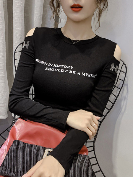 Ежедневна дамска блуза с голи рамене и надпис