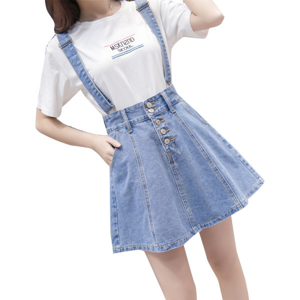 Iškirpto modelio moteriškas džinsinis sijonas su petnešėlėmis