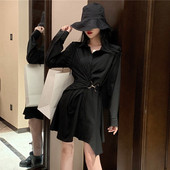 Asimetriska sieviešu kleita ar klasisku apkakli un metāla elementu