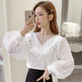 Moderna sieviešu blūze ar tilla piedurknēm un špica kakla izgriezumu