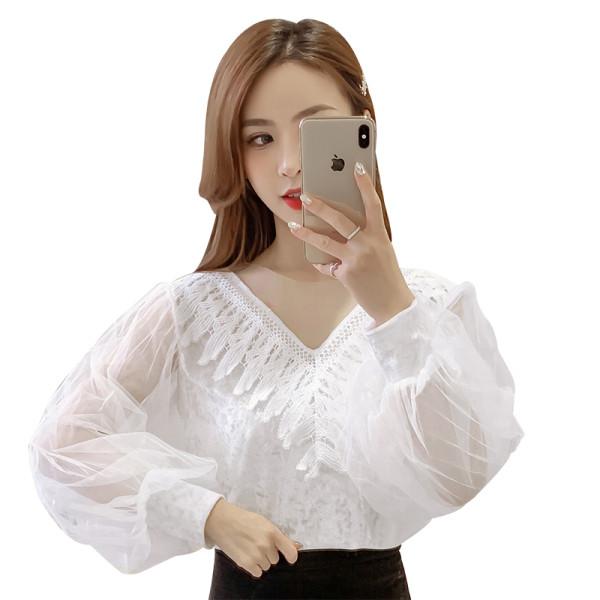 Moderna sieviešu blūze ar tilla piedurknēm un špica kakla izgriezumu