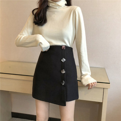 Fusta asimetrica de dama moderna cu talie inalta si nasturi