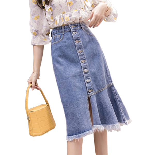 Дънкова дамска пола с копчета и цепка