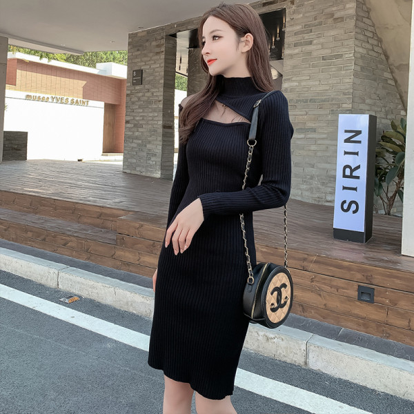 Šiuolaikinė moteriška suknelė ilgomis rankovėmis ir tinkleliu