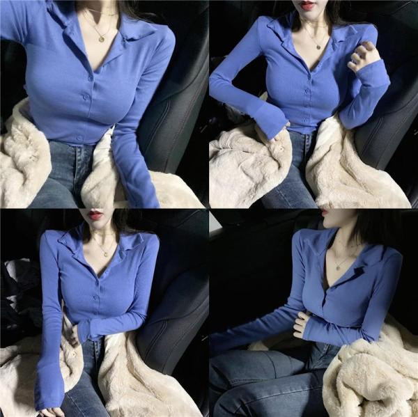 Ежедневна дамска блуза с шпиц деколте и дълъг ръкав