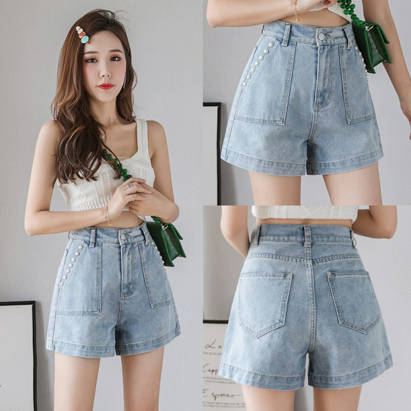 Mūsdienīgi sieviešu šorti ar augstu vidukli un dekoratīvām pērlēm