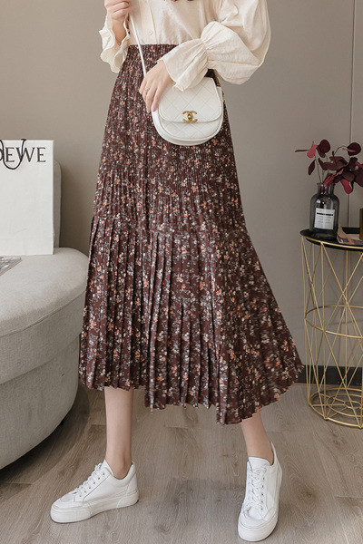 Naiste pikk vabaaja seelik kõrge vöökoha ja lillemustriga