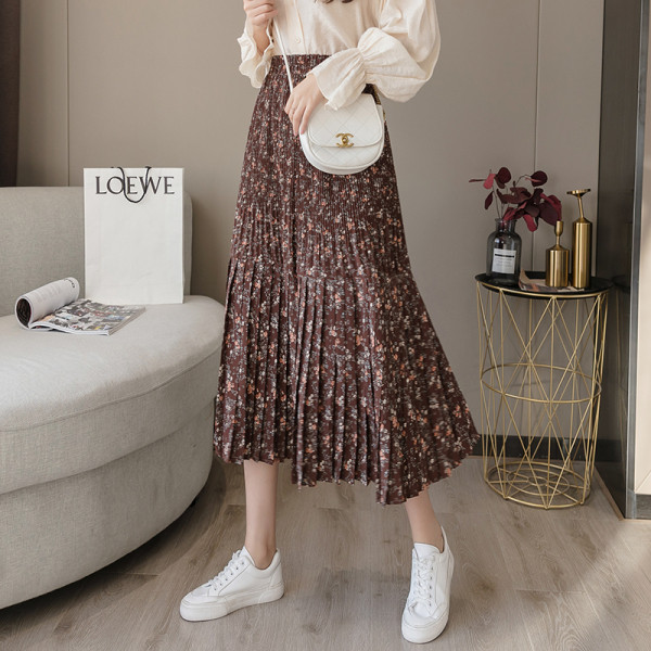 Naiste pikk vabaaja seelik kõrge vöökoha ja lillemustriga