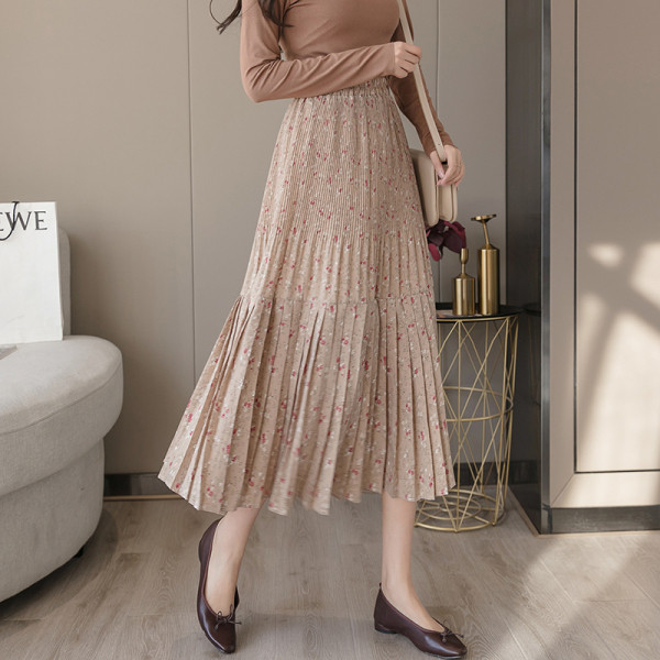 Naiste pikk vabaaja seelik kõrge vöökoha ja lillemustriga