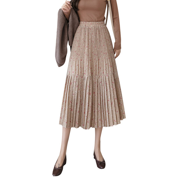 Naiste pikk vabaaja seelik kõrge vöökoha ja lillemustriga