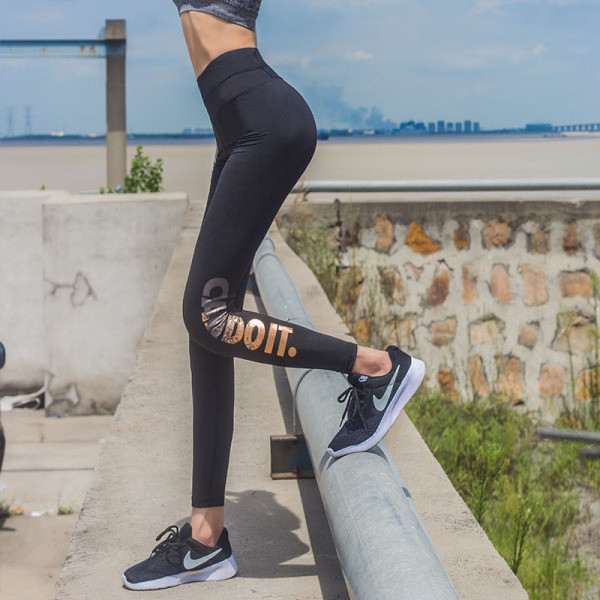 Jambiere sport de damă cu talie înaltă și inscripție colorată