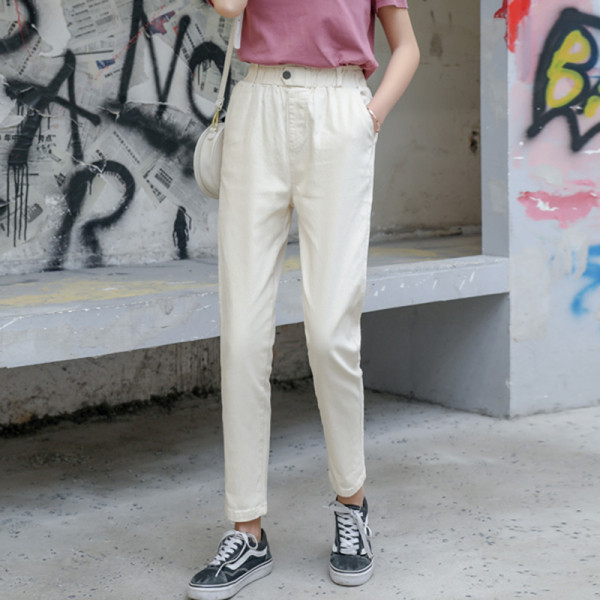 Női alkalmi nadrág zsebekkel, magas derékkal