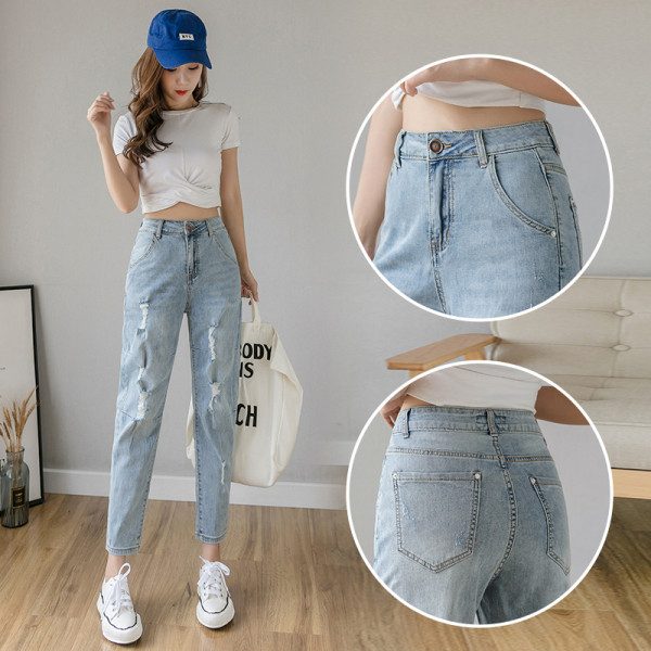 Naujo modelio moteriški džinsai aukštu liemeniu ir plėšytais motyvais