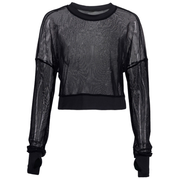 Sportinė moteriška palaidinė iš tinklelio ilgomis rankovėmis ir ovalia iškirpte