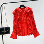 Modernūs moteriški marškiniai su lotoso rankovėmis ir ovalia iškirpte iš šifono