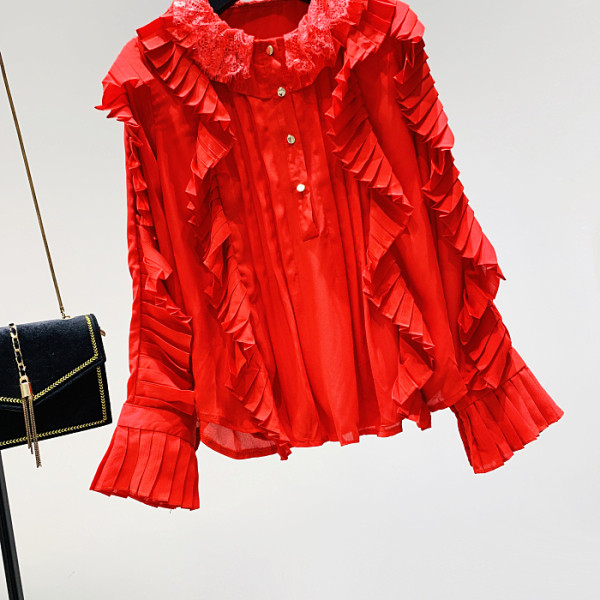 Modernūs moteriški marškiniai su lotoso rankovėmis ir ovalia iškirpte iš šifono