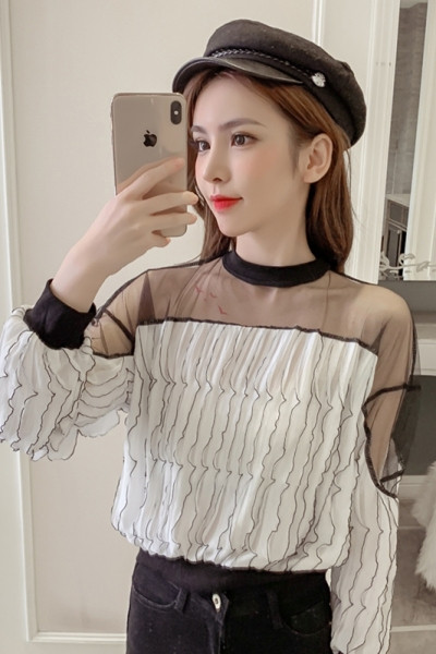 Moteriška palaidinė su užtrauktuku nugaroje, tiuliu ir ilgomis rankovėmis