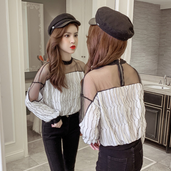 Moteriška palaidinė su užtrauktuku nugaroje, tiuliu ir ilgomis rankovėmis