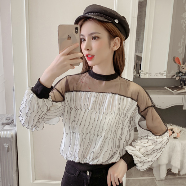 Moteriška palaidinė su užtrauktuku nugaroje, tiuliu ir ilgomis rankovėmis