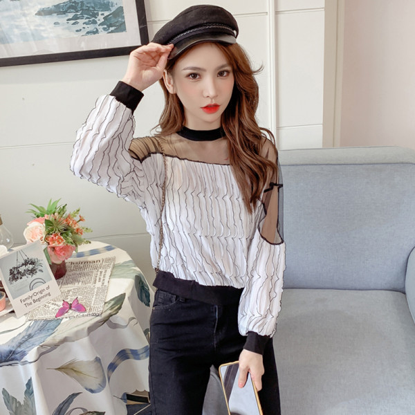 Moteriška palaidinė su užtrauktuku nugaroje, tiuliu ir ilgomis rankovėmis