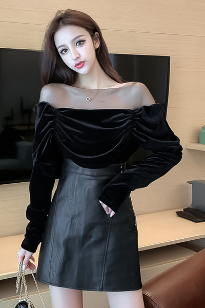 Retro moteriška aksominė palaidinė nuleistomis rankovėmis ir tinkliniais nėriniais