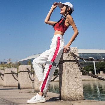 Спортен дамски панталон широк модел с еластична талия и кантове