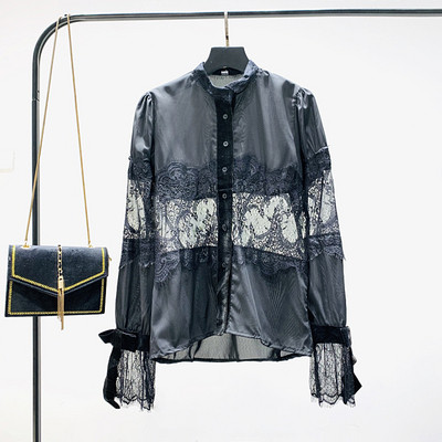 Modern női ing ovális nyakkivágással, hosszú ujjal és csipkével