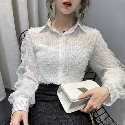 Moteriški laisvalaikio marškiniai su klasikine apykakle ir ilgomis rankovėmis